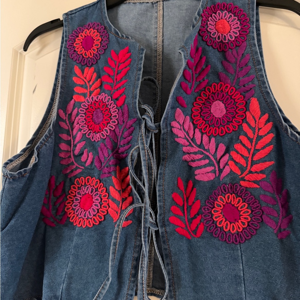 Denim Vest with Pink & Purple Floral Embroidery